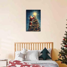 NTEUMM Santa Claus and Christmas Tree Christmas Wall Art Christmas Painting Christmas Winter Wall Art Canvas Printed Holiday Art Santa Christmas Print Seasonal Decor Canvas Roll 16x24 inch
