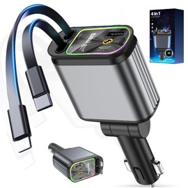 Benaton USB Car Adapter with Starry Light, 4 in 1 Retractable Car Charger USB C 120W, Retractable Car Charger for 12V/24V Car Accessories (Lightning+Type C)
