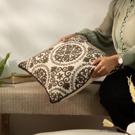 HOME WIBE Embroidery Decorative Floral Throw Pillow Covers, Set of 2 (Brown, 18" x 18")