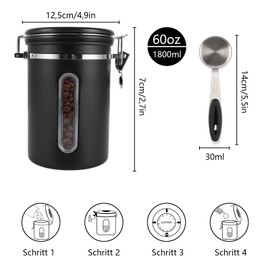 Coffee Canister Airtight 1.8 L/750 g Vacuum Coffee Canisters 12 x 18 cm Coffee Tin for Ground Coffee Canister Stainless Steel Coffee Beans Container Coffee Tin with Stainless Steel Spoon Coffee