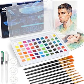 LSXD Acuarelas Profesionales, Set de Watercolor de 60 Colores, inlcy.10 Brocha de Pinturas para Acuarela, 3 Pinceles de Agua y 3 Placas, Kit de Materi