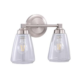 Aspen Creative 62732-09-2, Two-Light Metal Bathroom Vanity Wall Light Fixture, 13 3/8" Wide, Transitional Design in Satin Nickel with Clear Glass Shade