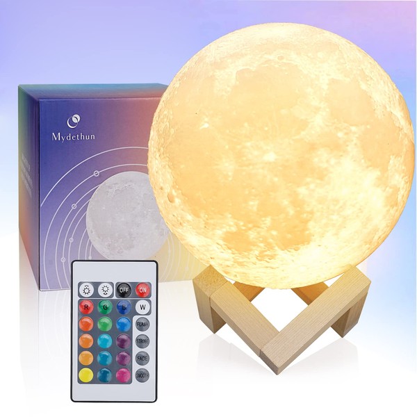 Mydethun 16 Colors LED 3D Moon Lamp with Wooden Stand, 7.1 inches - Remote Control, USB Charging, LED Night Light Lamp for Kids, Girls, Bedroom, Home Decor, Gifts Women Christmas New Year Birthday
