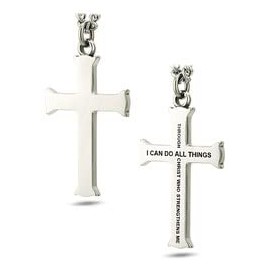 Shields of Strength Men’s Stainless Steel Flare Cross Necklace Philippians 4:13 Bible Verse Pendant Curb Chain Christian Faith Jewelry Gift Encouragement