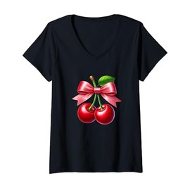 Womens Coquette Bows with Cherries Cute Girl Clothes Kawaii Girl V-Neck T-Shirt