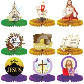 9 PCS Easter He is Risen Decoration Honeycomb Table Centerpieces,Christianity Table Topper Sign Honors Jesus Theme Table Centerpieces for Easter Christian Church Party Supplies