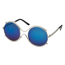 grinderPUNCH Women’s Aviator Round Lens Vintage Style Sunglasses Silver Frame Blue Lens