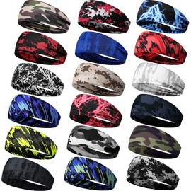 Wavyknot 18 Pcs Sports Sweatbands for Men Women Camo Headbands Workout Non Slip Headbands Breathable Head Band Fitness Stretchy Unisex Hairband for Yoga Running Cycling Ball (Vibrant Colors, Stylish)
