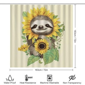 GTABVECT Cute Sloth Sunflowers 4 Pcs Bathroom Shower Curtain Set,Bathroom Sets with Rugs (Bath Mat,U Shape and Toilet Lid Cover Mat), Bathroom Decor Set