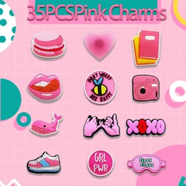 35PCS Pink Shoe Charms, Different Cool Cute Shapes Packs Bracelet Wristband Accessories for Shoe Decorations Party Gift