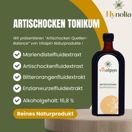 Hynolia Naturprodukte - Artischocken Tonikum Drink 500 ml in Glasflasche - Pflanzen-Extrakt aus Artischocken, Mariendistel, Bitterorangen & Enzianwurzel (Serie QuellenBalance) Alkoholgehalt: 16,8%