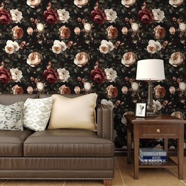 Dark Vintage Floral Wallpaper Peel and Stick, Black/White/Red Retro Rose Flowers Contact Paper, 17.5" x 118" Wall Paper Self Adhesive Waterproof Removable for Room Shelves Cabinet Drawer Table Decor