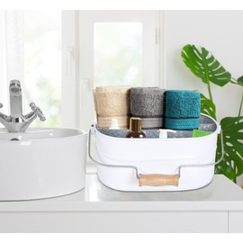 Light & Pro Farmhouse Rustic Silverware Utensil Carry All Caddy- Galvanized Utensil Caddy with Wooden Handle for Kitchen Counter, Silverware Organizer for Flatware, Condiments, Party Supplies - White