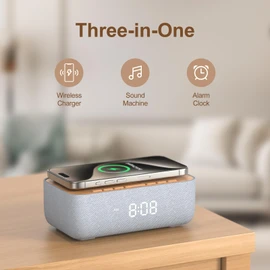 REACHER 15W Fast Magnetic Wireless Charging Alarm Clock with White Noise Machine, Woodgrain Style, 20 High‑Fidelity Sounds, Gradual Wake & Snooze, 0–100% Dimmable Digital Clock, Bedroom & Office