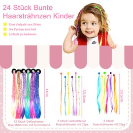 ZYNERY Pack of 24 Colourful Hair Strands Children's Hair Extensions with Rubber and Clips Colourful Highlights Braided Hair for Braiding Children's Hair Accessories Girls Birthday Gift for Party