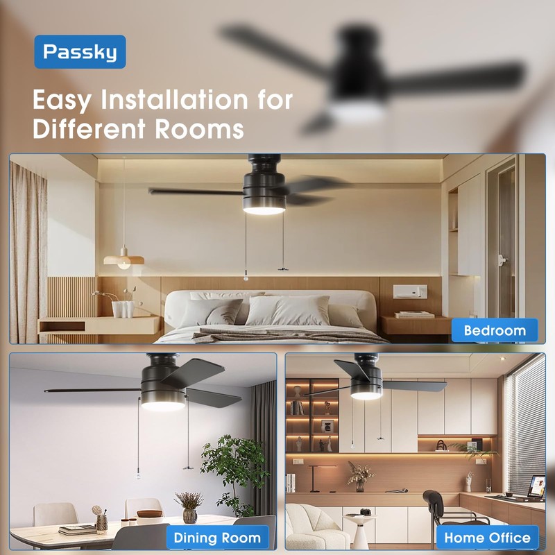 Passky Ceiling Fans with Lights, 42 inch Low Profile Ceiling