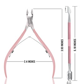 Jestilo Cuticle Remover Tool Set with Cuticle Cutter and Cuticle Pusher - Stainless Steel Professional Cuticle Nipper and Pusher Nail Care Tools for Salon and Level Mani-Pedi at Home - Silver (Pink)
