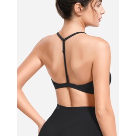 ZAAYO Sports Bra Women's Deep V Neck Y Back Push Up Sports Bra Padded Fitness Medium Impact Workout Gym Yoga Tops with Adjustable Back Straps, black, L