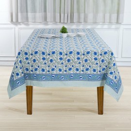 Ridhi Queen Blue, Celadon Green 72x190 Inches Rectangle 100% Cotton Hand Block Print Washable Decorative Spring Summer Parties/Wedding Use,Fall décor Farmhouse Dining Dinner Tablecloth`