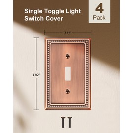 TREEWELL 4-Pack Single Toggle Light Switch Cover Plate, Pearls Decorative Switch Plate Covers, Antique Copper 1 Gang Metal Wall Plate, Corrosion Resistant