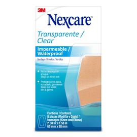 Nexcare, 3M, Venditas Impermeables Transparentes, Ideales para Codos y Rodillas, Protegen Heridas Menores, sin Látex, Sello de 360 Grados, Resistente al agua, 60mmx 88mm, Caja de 8 pzs