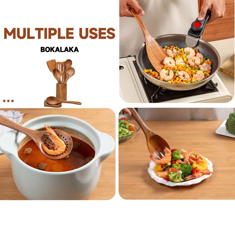 Wooden Spoons for Cooking, 9Pcs Natural Teak Wooden Utensils for