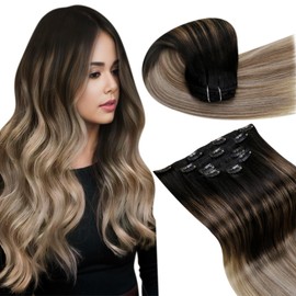 LaaVoo Clip in Hair Extensions Black Ombre Real Human Hair Clip in Extensions Ombre Black to Light Brown Balayage Light Blonde Human Hair Extensions Clip ins for Short Hair 12 Inch 5pcs 80g