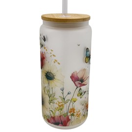 20oz Frosted Glass With Bamboo Lid and Plastic Straw - Floral Design (Floral #3, 20oz)
