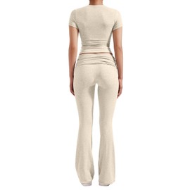 YETOWA Women's 2 Piece Lounge Outfits Slim Short Sleeve Tops Low Rise Flare Leggings Sets Yoga Sweatsuit, Khaki Short-sleeved Set, Small