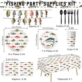 170PCS Fishing Birthday Party Decorations Gone Fishing Party Decorations Include Plates, Cups, Cutlery, Banner, Tablecloth for Ofishally One Birthday Decorations