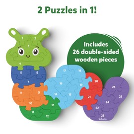 Skillmatics Wooden Puzzle - The Clever Caterpillar, 2 Puzzles in 1, 26 Double-Sided Pieces, Learn Letters & Numbers, Gifts for Ages 3 to 7