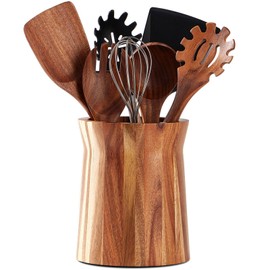 LOHONER Wooden Utensil Holder for Countertop, 360° Rotating Kitchen Utensil Holder, 7.2"x 6" Large Acacia Wood Crock, Farmhouse Kitchen Decor