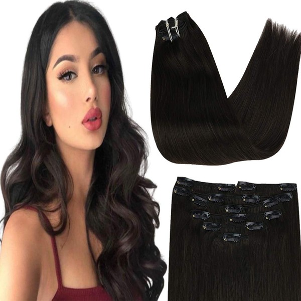 VeSunny Brown Clip in Hair Extensions Human Hair #2 Darkest