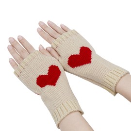 YAMEIZE Y2K Fingerless Love Heart Knitted Gloves for Women Men Winter Heart Fingerless Gloves Knitted Party Outdoor, beige