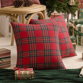 AQOTHES Pack of 2 Christmas Plaid Decorative Throw Pillow Covers Scottish Tartan Cushion Case for Farmhouse Home Holiday Decor Red and Green, 20 x 20 Inches
