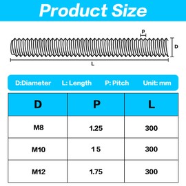 Pack of 3 M12 Threaded Rods M12 x 300 mm, Threaded Rods Strength Class 4.8 Metric Threaded Screw Made of Galvanised Steel, Threaded Rod with Regular Thread, Threaded Bolts Threaded Rods Metal Rod