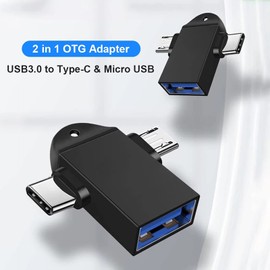 2 in 1 OTG Converter USB 3.0 to Micro USB and Type C Adapter with Lanyard,Used for U Disk Mouse Laptop Mobile Phones or Tablets (1, Black)