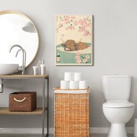 Japanese Bathroom Canvas Wall Art Funny Highland Cow in Bathtub Wall Decor Paintings Vintage Cute Cattle Humorous Animal Prints Aesthetic Pictures for Restroom Toilet Decoration 12x16 Inch Framed