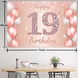 Happy 19th Birthday Rose Gold Banner Cheers to 19 Years Old Backdrop Confetti Balloons Theme Decor for Girls Women 19 Years Old Pink Birthday Party Decorations Bday Supplies Background Gift Glitter
