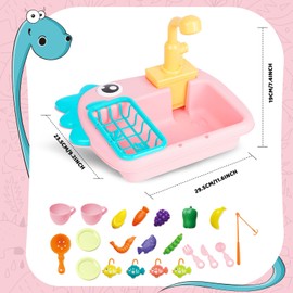 Kitchen Sink Toy Set with Fishing Game, Flowing Water Dishwasher, Kitchen Utensils, Role Play Toy for Toddlers, Children, Girls from 3 Years, Pink