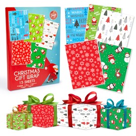 abeec Christmas Wrapping Paper Sheets - 15 sheets 50cm x 70 cm, 5 Designs, 3 of each Design - Gift Wrapping paper for Christmas - Christmas Wrapping Paper for Kids