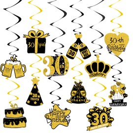 30th Birthday Decorations, Kaluofan 24 PCS Happy 30th Birthday Party Hanging Decorations for Men and Women, Black and Gold Birthday Party Decoration for Him or Her to Celebrate The Special Day
