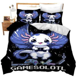 jerkboo Axolotl Gaming Bedding Set Game Duvet Cover Twin Full Queen King Size Comforter Cover for Kids Adults Men Women Game Theme Quilt Cover Decorative Soft Bedding Set with 2 Pillowcases