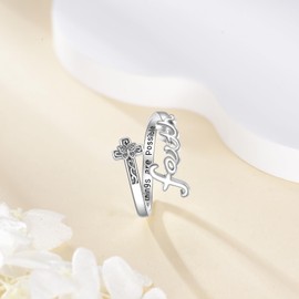 JERWL Cross Faith Rings 925 Sterling Silver Cross Ring for Women Adjustable Christian Rings Religion Jewelry For Women Friend