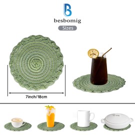 besbomig Round Woven Coasters for Drinks Set of 6, Heat Resistant Handmade Braided Drink Coasters for Kitchen Dining Table Home Restaurant - Green