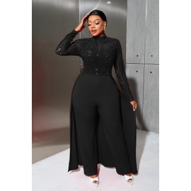 VERWIN Plus Size Sequins Jumpsuit for Women Patchwork Overlay Full Length Women's Jumpsuit High-Waist Woman Romper 4XL Black
