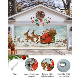 Christmas Garage Door Banner Cover 7 x 8 ft, Christmas Santa Claus Elk Snowy Christmas Garage Door Decorations Holiday Christmas Backdrop Decor for Winter New Year Xmas Party