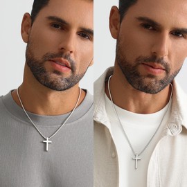 Estendly Cross Necklace for Men, Silver Gold Stainless Steel Mens Cross Chain, Cubic Zirconia Cross Pendant Necklaces Christain Jewelry Gift Box Chain 18 Inch