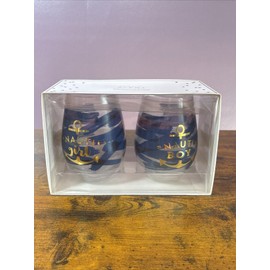 Slant Nauti Girl & Boy Stemless Wine Glass 2 Glasses 20 Oz Nautical Cruise Ship Sip