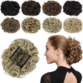 Yamel Chignon Hairpiece Curly Bun Scrunchie Extensions Ash Blonde Synthetic Updo Combs in Messy Bun Hair Piece for Women